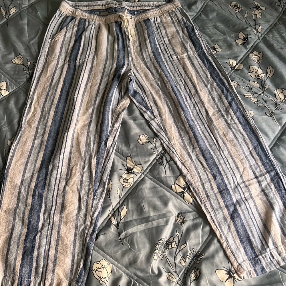 Striped Blue and Cream Women's Linen Straight Leg Pants